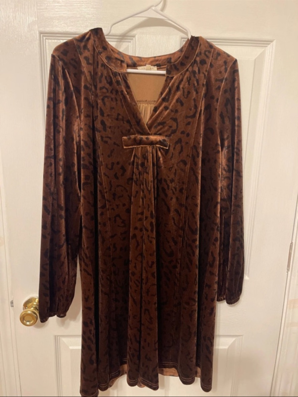 Women's Velvet Animal-Print Brown Dress with V-Neck Bow